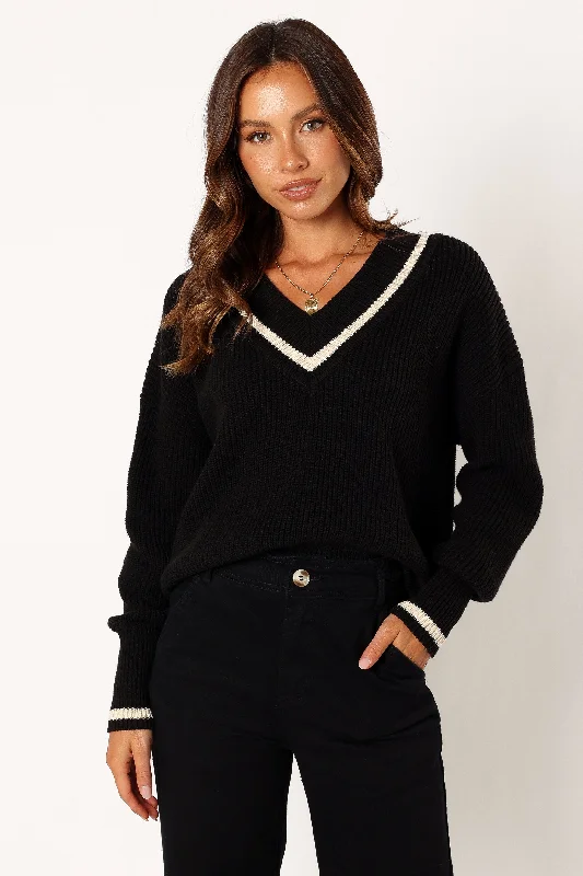 Dominique Contrast Vneck Knit Sweater - Black/Cream