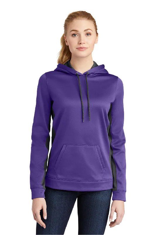 Sport-Tek Womens Sport-Wick Moisture Wicking Fleece Hooded Sweatshirt Hoodie w/ Pouch Pocket - Purple/Dark Smoke Grey