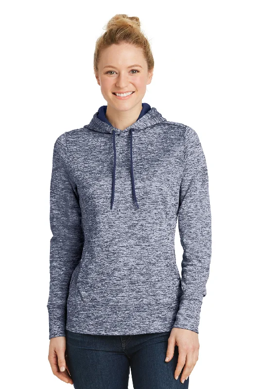 Sport-Tek Womens Electric Heather Moisture Wicking Fleece Hooded Sweatshirt Hoodie w/ Pouch Pocket - True Navy Blue Electric - Closeout