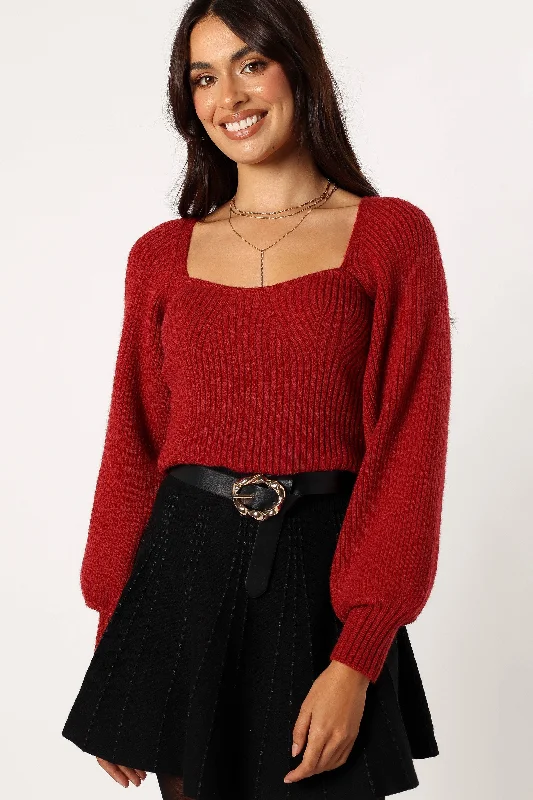 Gia Sweetheart Neck Bell Sleeve Knit Sweater - Wine