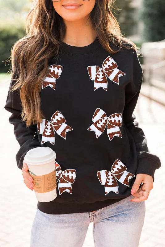 Black Rugby Bow Knot Graphic Crew Neck Sweatshirt