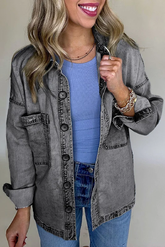 Medium Grey Mineral Wash Pocketed Split Denim Shacket