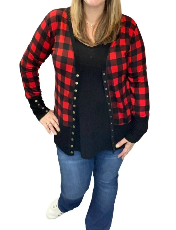 Buffalo Plaid Snap Cardigan In Red