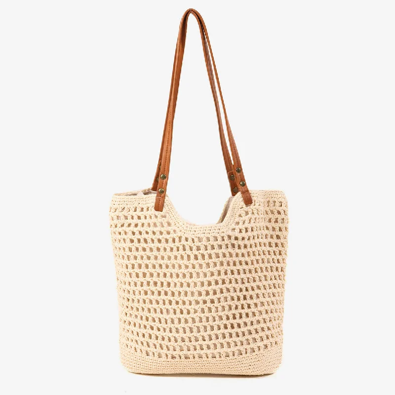 Vintage Fishnet Openwork Woven Beach Vacation Crochet Knit Tote Bag