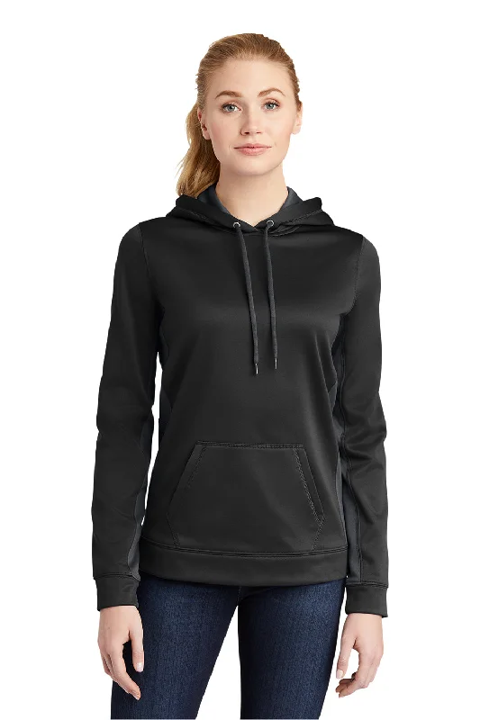 Sport-Tek Womens Sport-Wick Moisture Wicking Fleece Hooded Sweatshirt Hoodie w/ Pouch Pocket - Black/Dark Smoke Grey