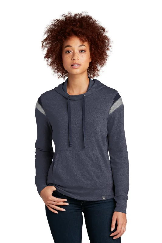 New Era Womens Heritage Varsity Hooded Sweatshirt Hoodie w/ Pouch Pocket - Heather True Navy Blue/True Navy Blue/Heather Rainstorm Grey