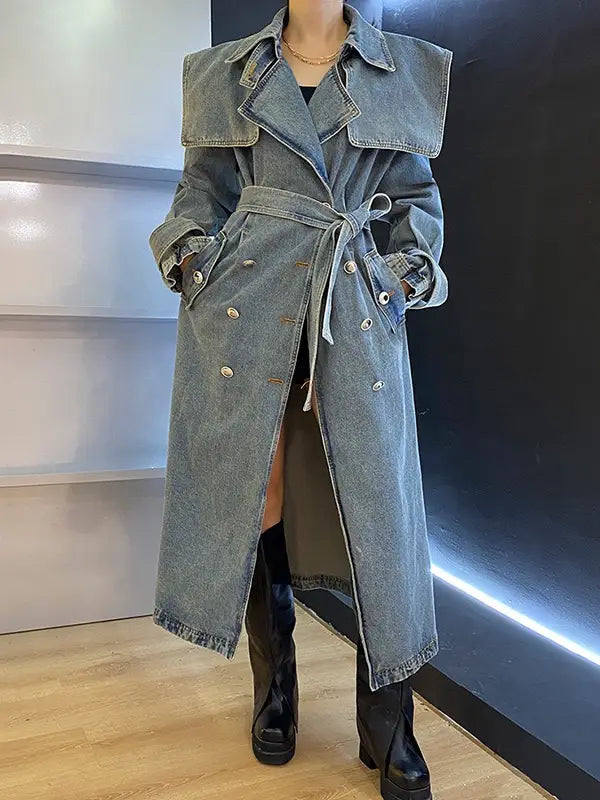 Heavy-Duty Denim Collar Long Coat