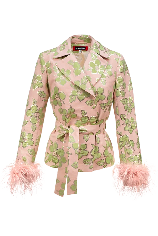 Pink Jacquard Jacket With Detachable Feather Cuffs