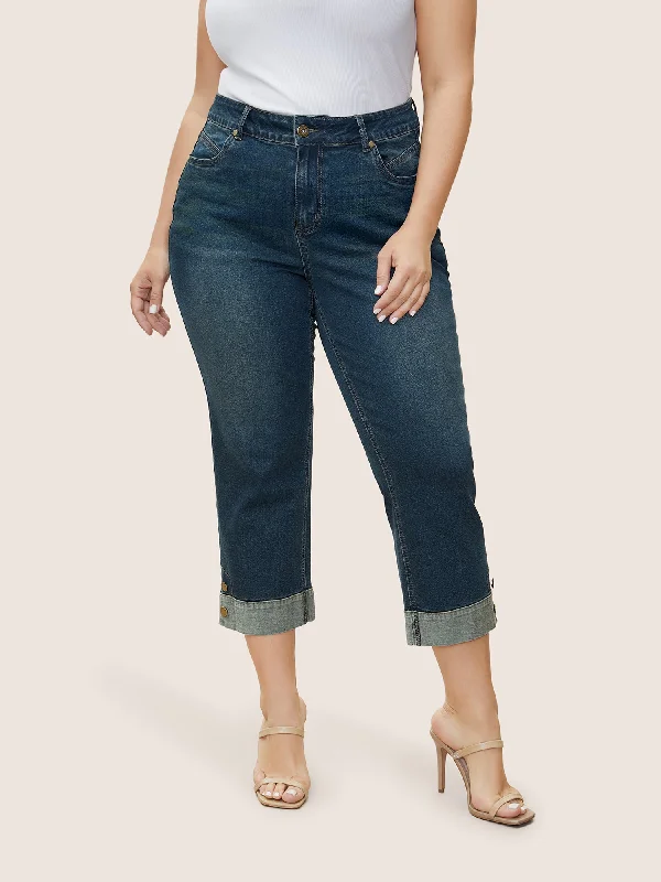 Straight Leg Patchwork Hem Metal Button Detail Jeans