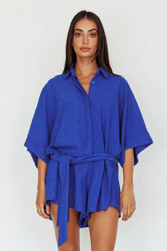 Daytona Beach Button-Up Romper Textured Blue