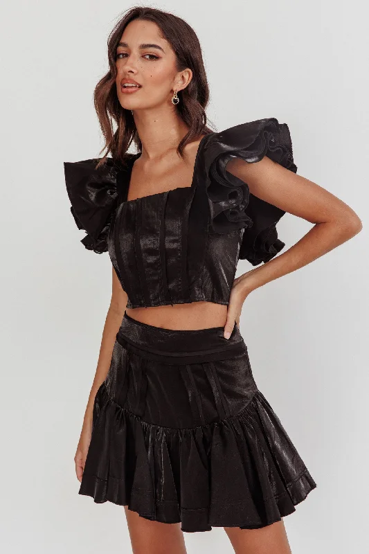 Debutante Ruffle Sleeve Crop Top Black