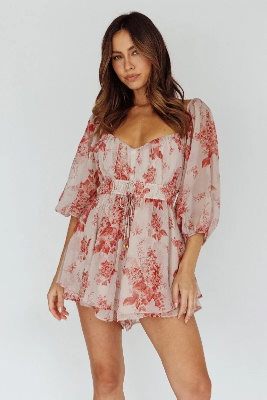 First Light Puff Sleeve Elasticated Waist Romper Floral Print Rose