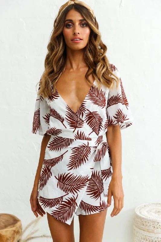 Nadi V-Neckline Wrap Romper Palm Print Wine