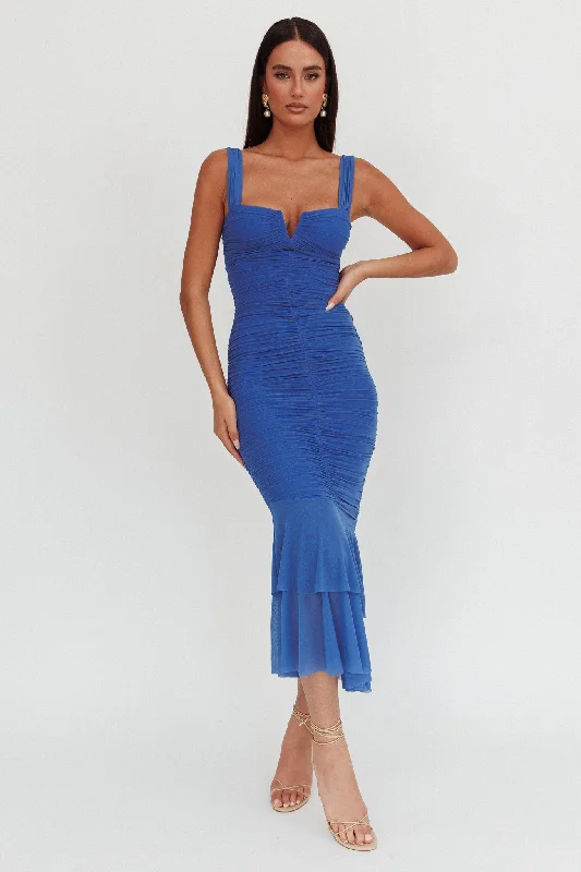 Nadia Ruched Fishtail Maxi Dress Blue