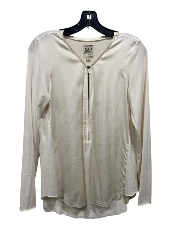 Go Silk Size M Cream Silk Zip Detail Long Sleeve Top