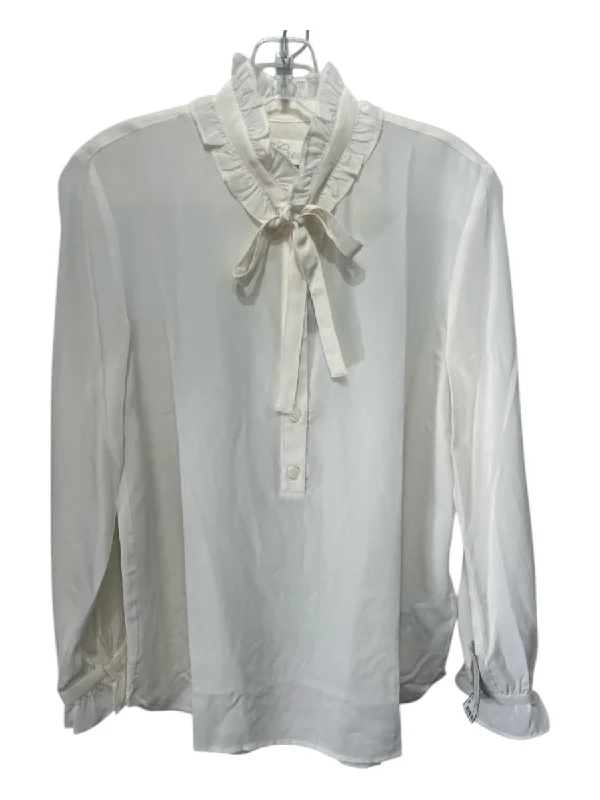 J Crew Size 4 Ivory White Silk Ruffle Tie Neck Long Sleeve Top