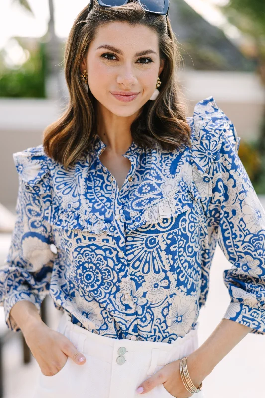 Keep It Up Blue Floral Ruffled L/S Blouse