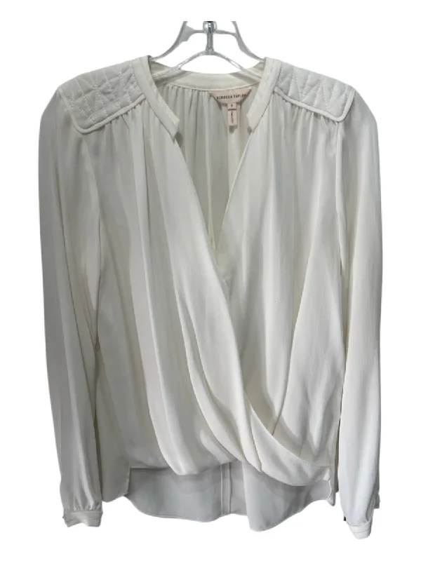 Rebecca Taylor Size 0 Ivory White Silk Surplice Quilted Shoulder Long Sleeve Top