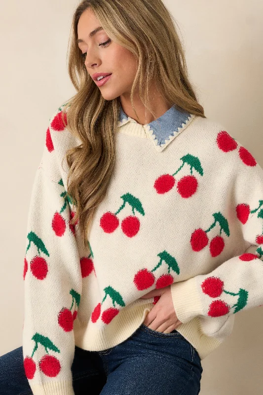 Sweet As Can Be Ivory Cherry Print Sweater