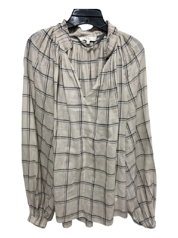 Tibi Size 6 Taupe & Gray Cotton Boxy Fit Plaid Long Sleeve V Neck Top