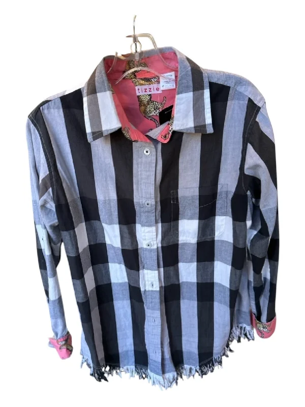 Tizzie Size M Gray & Black Cotton Long Sleeve Button Down Checkered Top