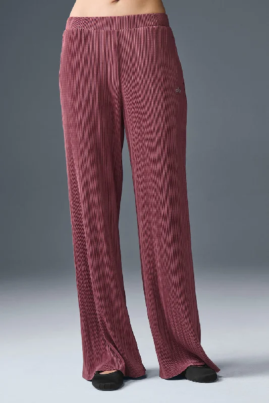 High-Waist Micro Plisse Straight Leg Pant - Burgundy Truffle