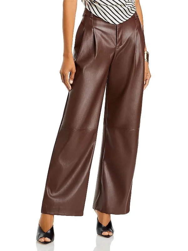 Womens Faux Leather Pleated Wide Leg Pants