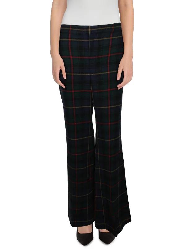 Womens High Rise Plaid Wide Leg Pants