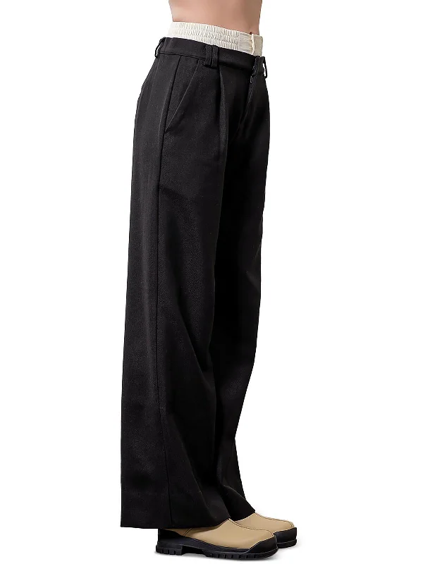 Womens Layered Elastic Waistband Straight Leg Pants